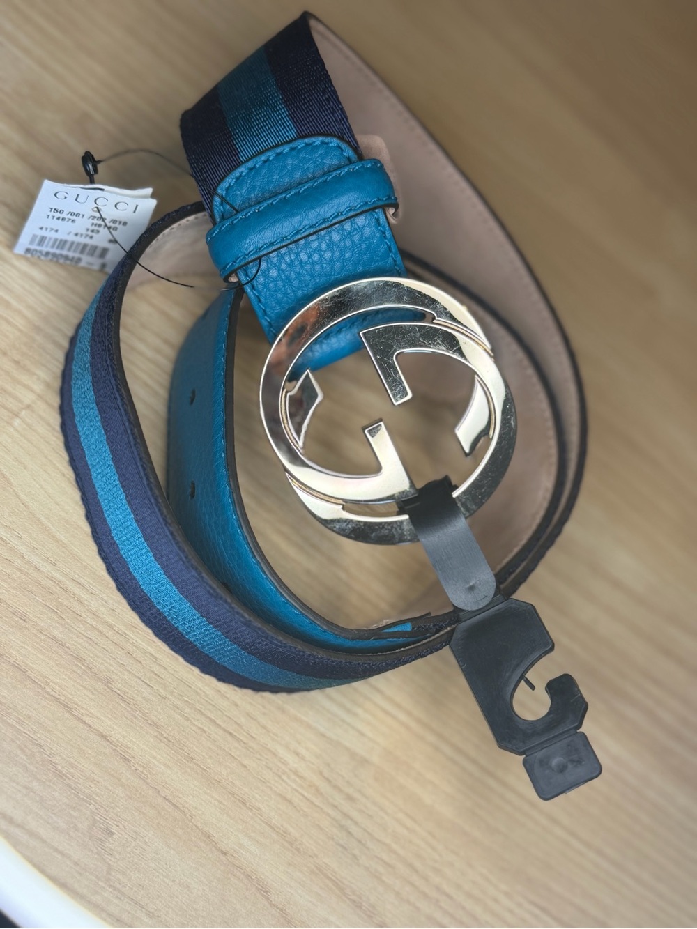 Gucci Teal and Navy Web Stripe Leather Belt with Gold Interlocking G Buckle